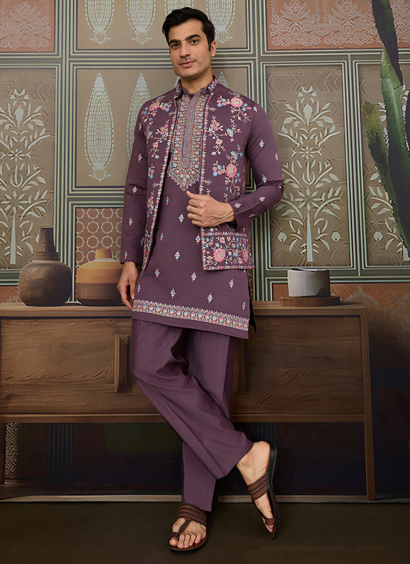Viscose Silk Dusty Purple Festive Wear Embroidery Work Readymade Kurta Pajama With Jacket
