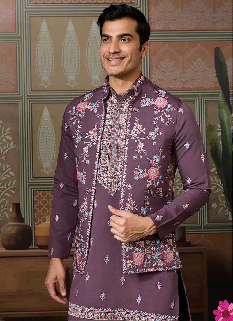 Viscose Silk Dusty Purple Festive Wear Embroidery Work Readymade Kurta Pajama With Jacket