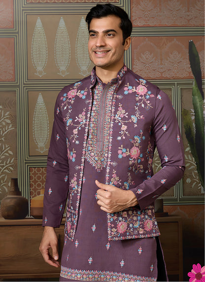 Viscose Silk Dusty Purple Festive Wear Embroidery Work Readymade Kurta Pajama With Jacket