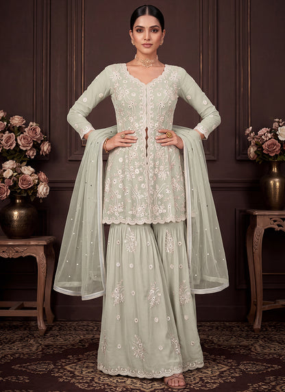Sage Green Georgette Embroidery Work Occasional Wear Readymade Sharara Suit SW405331