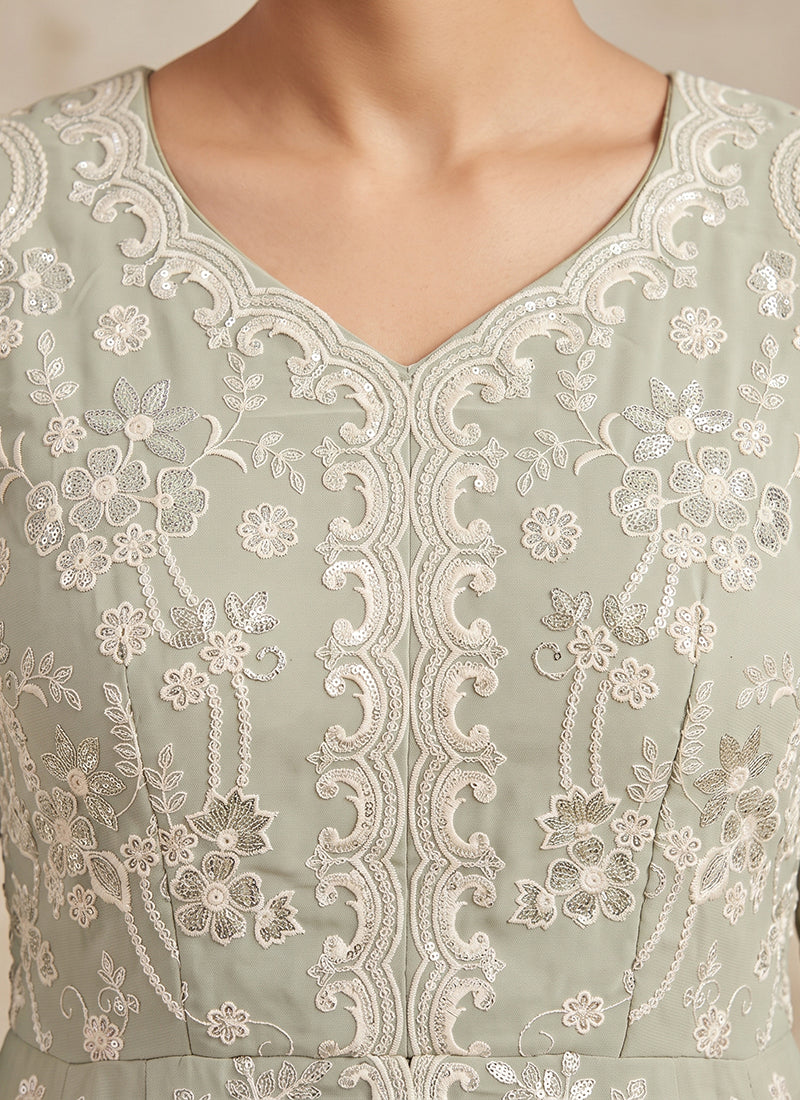 Sage Green Georgette Embroidery Work Occasional Wear Readymade Sharara Suit SW405331