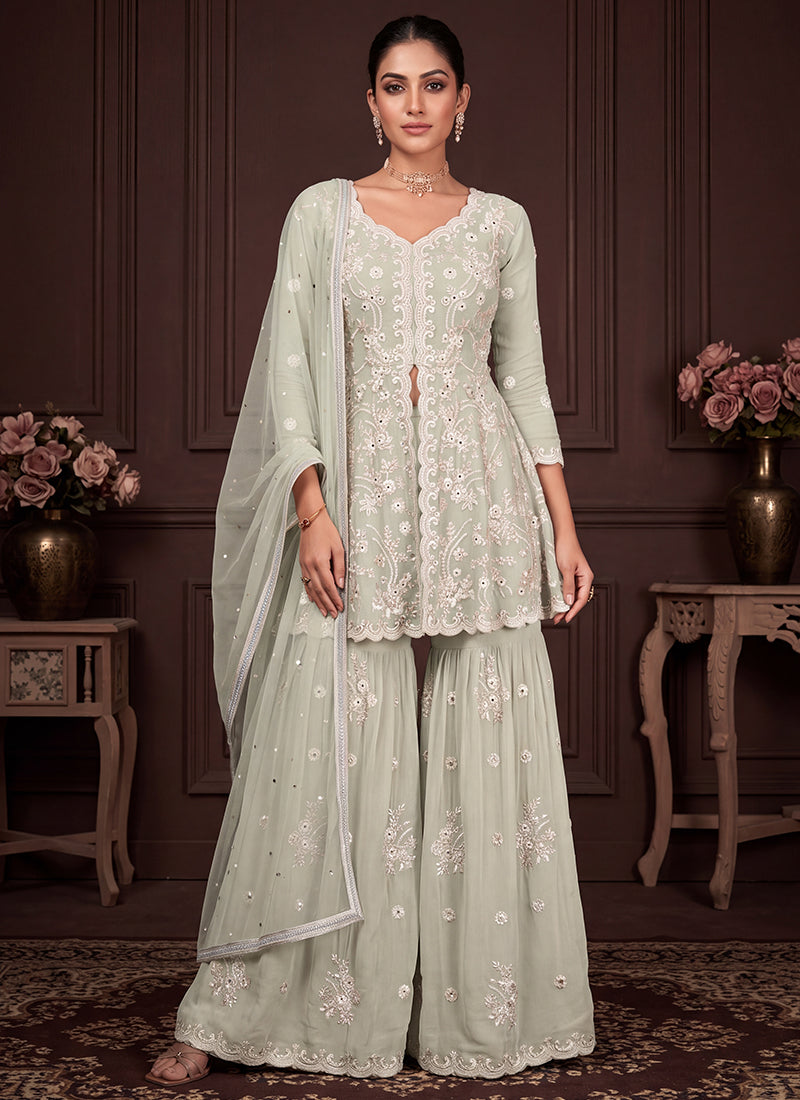 Sage Green Georgette Embroidery Work Occasional Wear Readymade Sharara Suit SW405331