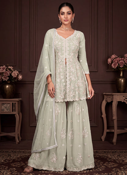 Sage Green Georgette Embroidery Work Occasional Wear Readymade Sharara Suit SW405331
