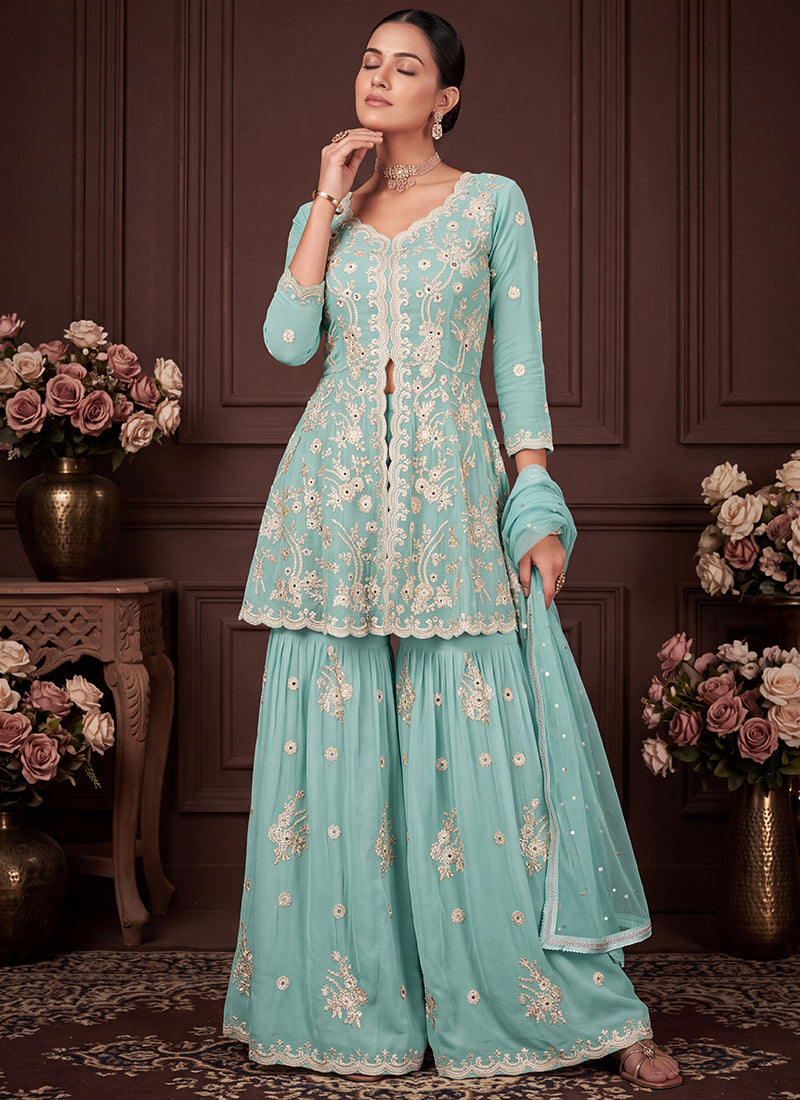 Aqua Blue Georgette Embroidery Work Occasional Wear Readymade Sharara Suit SW405332