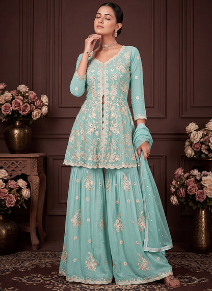 Aqua Blue Georgette Embroidery Work Occasional Wear Readymade Sharara Suit SW405332