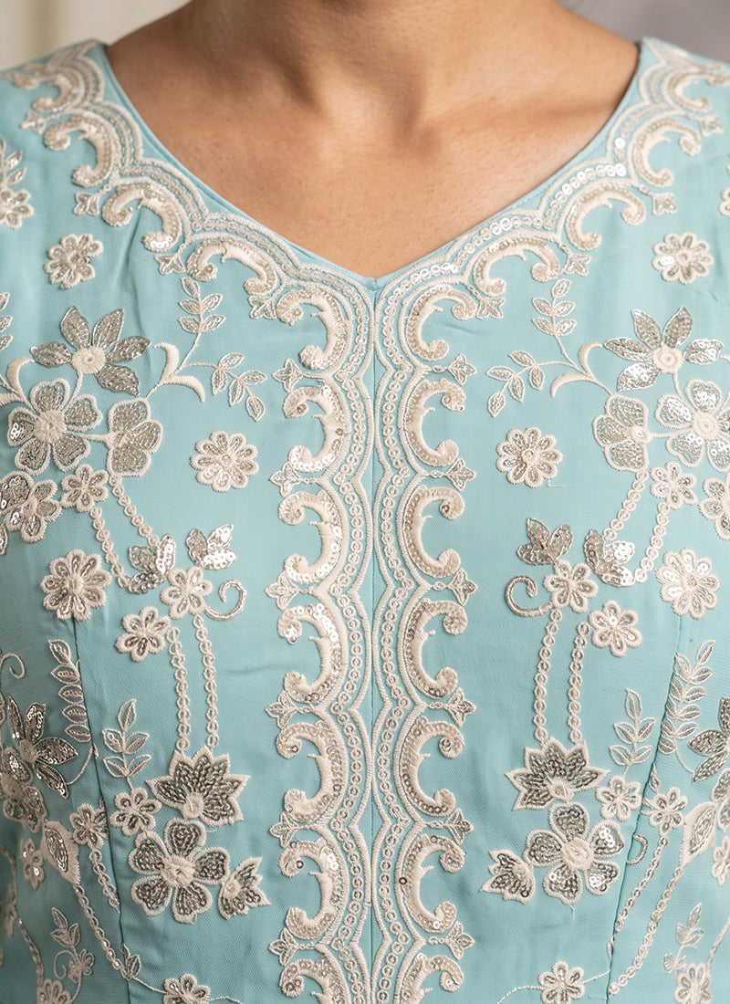 Aqua Blue Georgette Embroidery Work Occasional Wear Readymade Sharara Suit SW405332