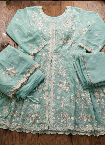 Aqua Blue Georgette Embroidery Work Occasional Wear Readymade Sharara Suit SW405332