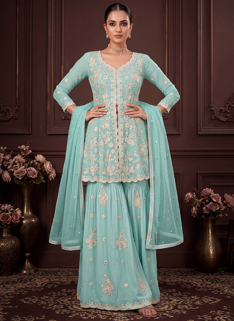 Aqua Blue Georgette Embroidery Work Occasional Wear Readymade Sharara Suit SW405332