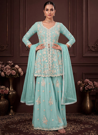 Aqua Blue Georgette Embroidery Work Occasional Wear Readymade Sharara Suit SW405332