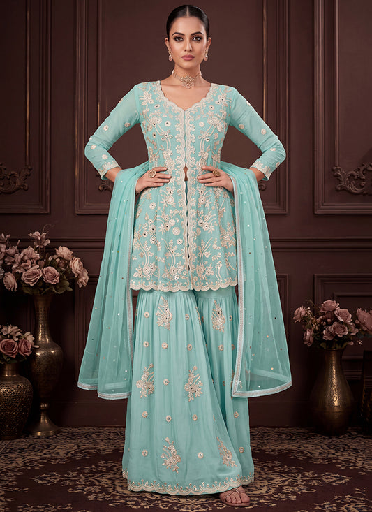 Aqua Blue Georgette Embroidery Work Occasional Wear Readymade Sharara Suit SW405332
