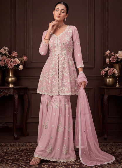 Rose Pink Georgette Embroidery Work Occasional Wear Readymade Sharara Suit SW405333