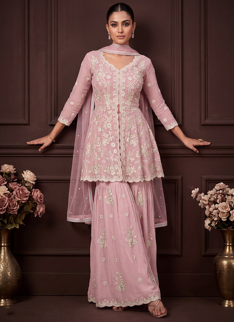 Rose Pink Georgette Embroidery Work Occasional Wear Readymade Sharara Suit SW405333