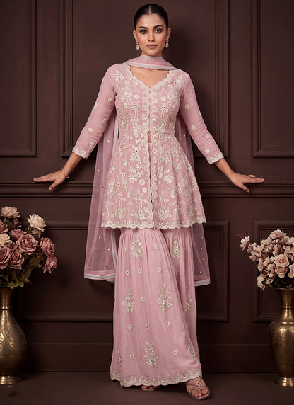 Rose Pink Georgette Embroidery Work Occasional Wear Readymade Sharara Suit SW405333