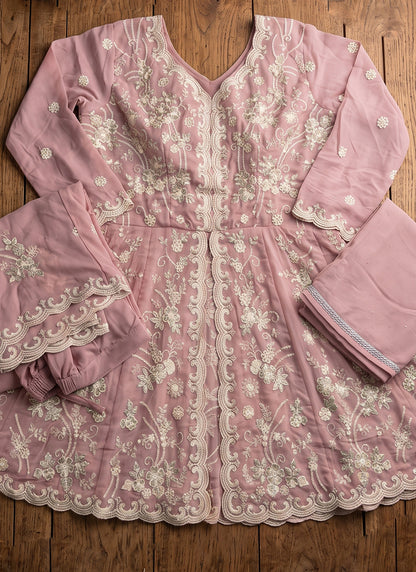 Rose Pink Georgette Embroidery Work Occasional Wear Readymade Sharara Suit SW405333