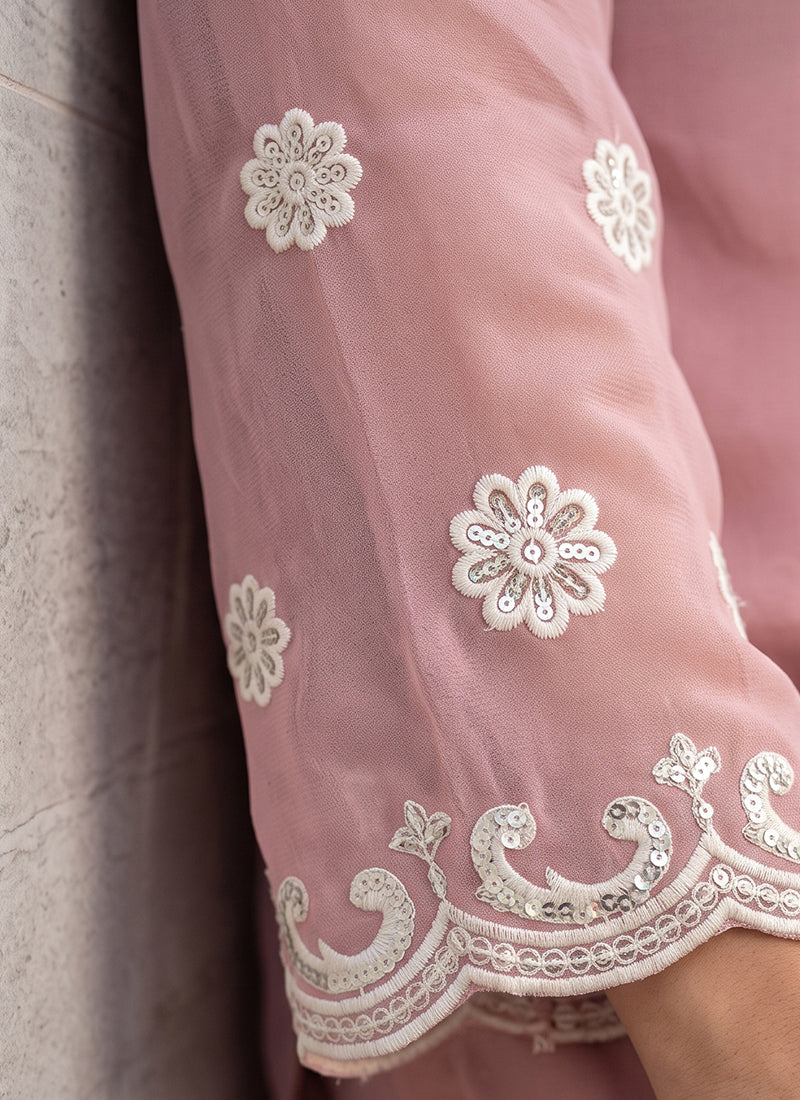 Rose Pink Georgette Embroidery Work Occasional Wear Readymade Sharara Suit SW405333