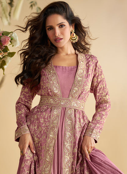 Chinon Mauve Wedding Wear Embroidery Work Readymade Ethnic Wear 387026