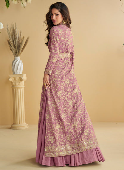 Chinon Mauve Wedding Wear Embroidery Work Readymade Ethnic Wear 387026