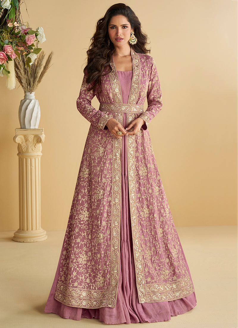Chinon Mauve Wedding Wear Embroidery Work Readymade Ethnic Wear 387026