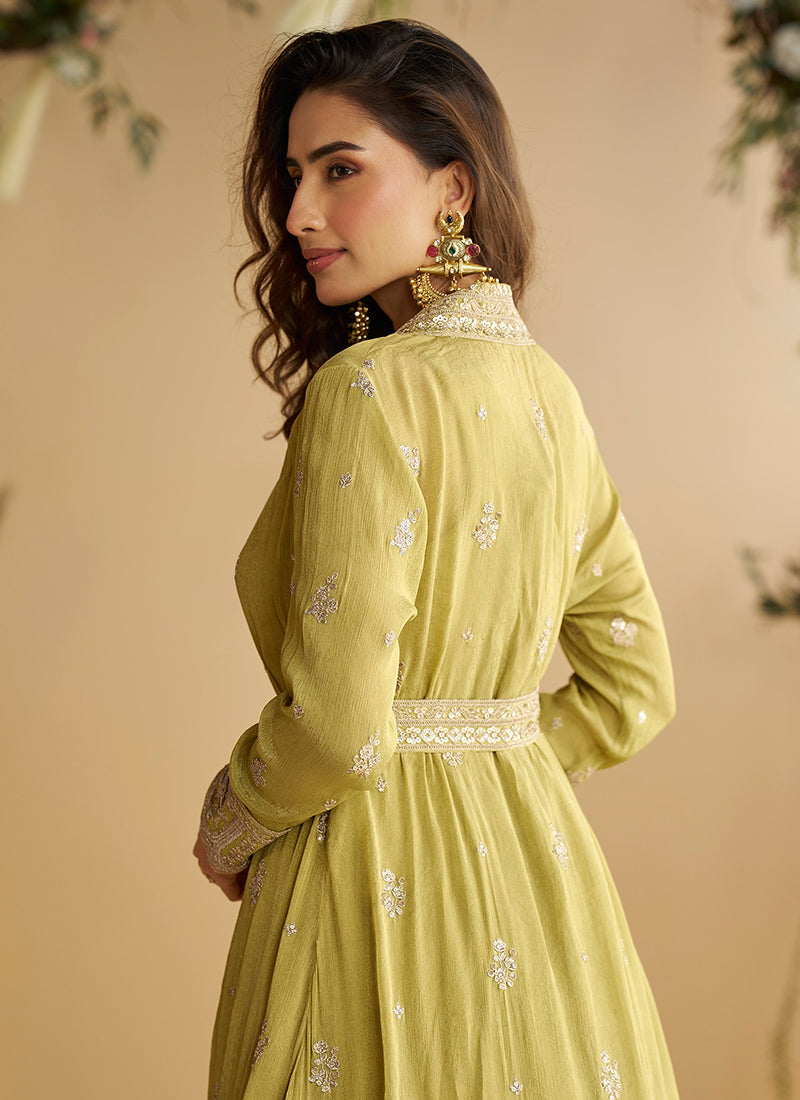 Chinon Yellow Wedding Wear Embroidery Work Readymade Ethnic Wear 387027