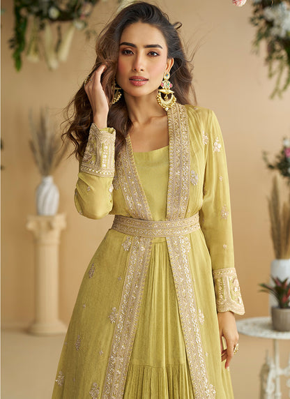 Chinon Yellow Wedding Wear Embroidery Work Readymade Ethnic Wear 387027