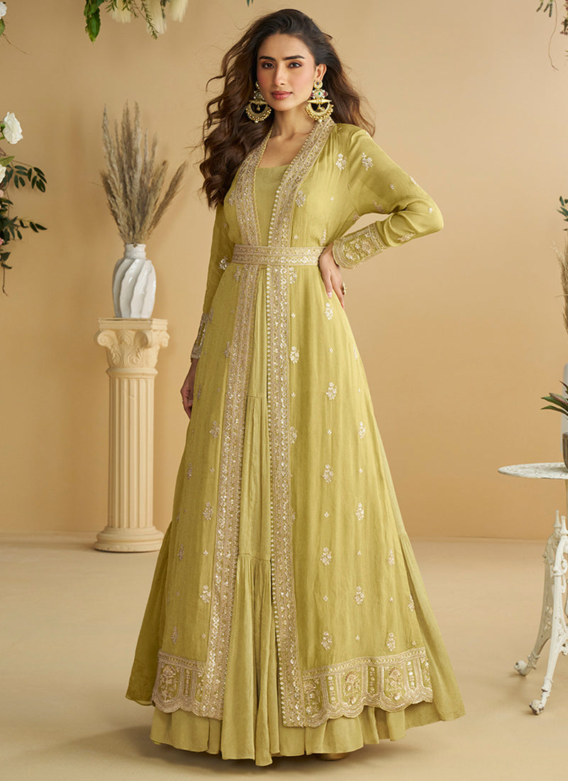 Chinon Yellow Wedding Wear Embroidery Work Readymade Ethnic Wear 387027