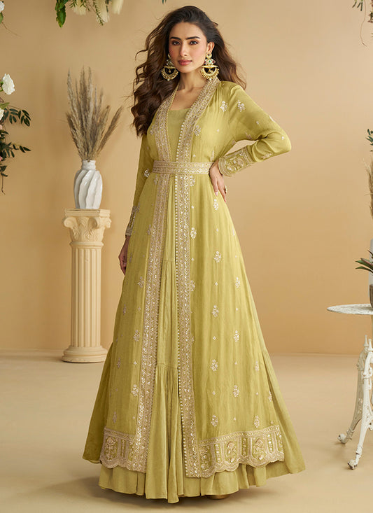 Chinon Yellow Wedding Wear Embroidery Work Readymade Ethnic Wear 387027