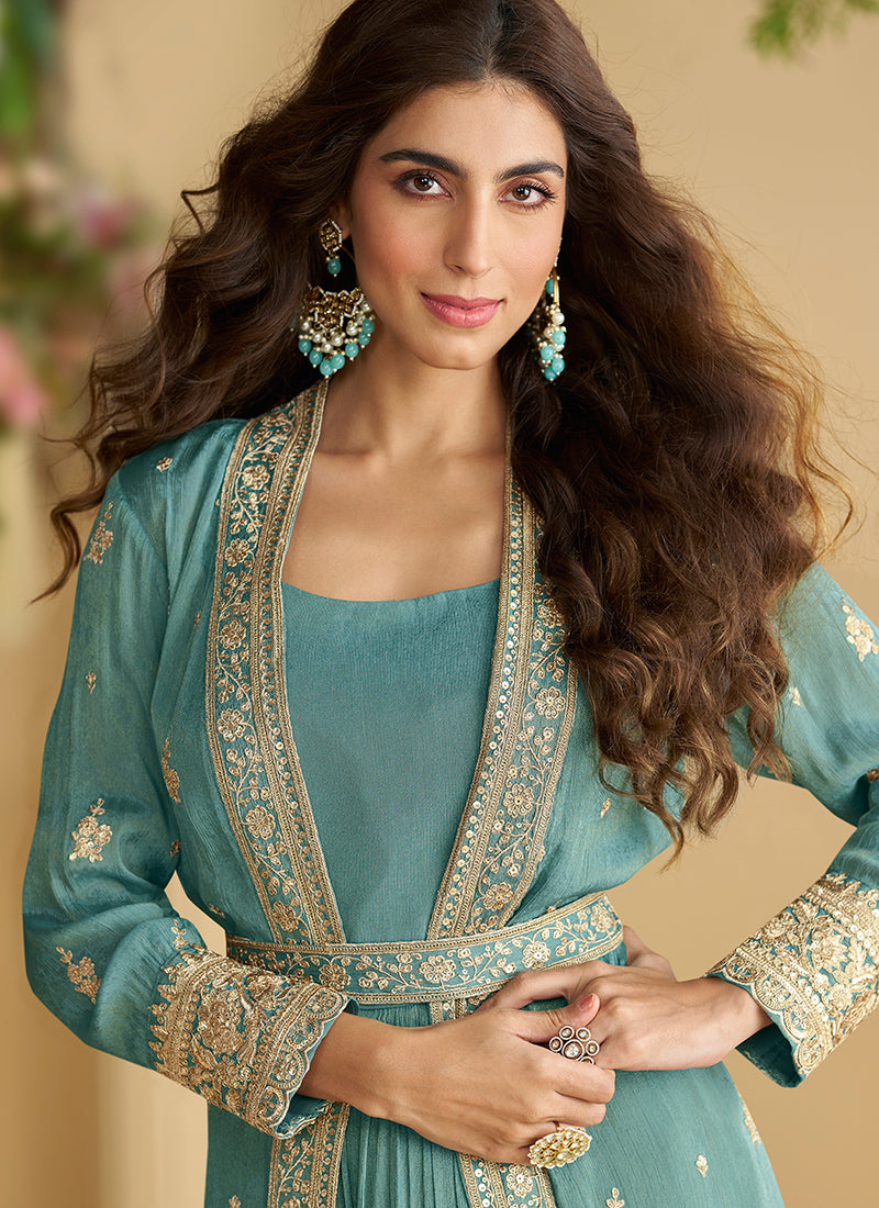 Chinon Aqua Blue Wedding Wear Embroidery Work Readymade Ethnic Wear 387028