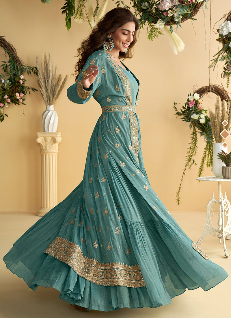 Chinon Aqua Blue Wedding Wear Embroidery Work Readymade Ethnic Wear 387028