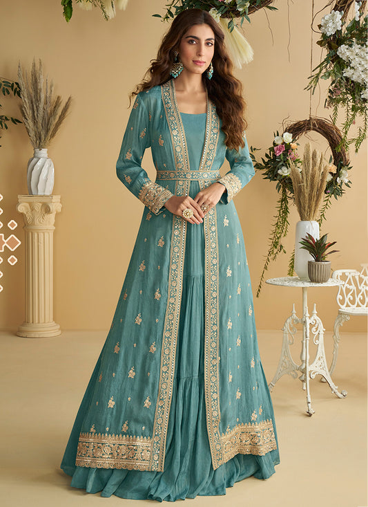Chinon Aqua Blue Wedding Wear Embroidery Work Readymade Ethnic Wear 387028