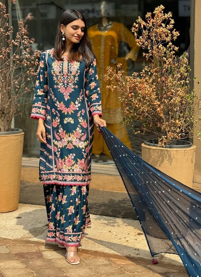 Rayon Blue Festival Wear Printed Work Readymade Plazzo Suit 387192