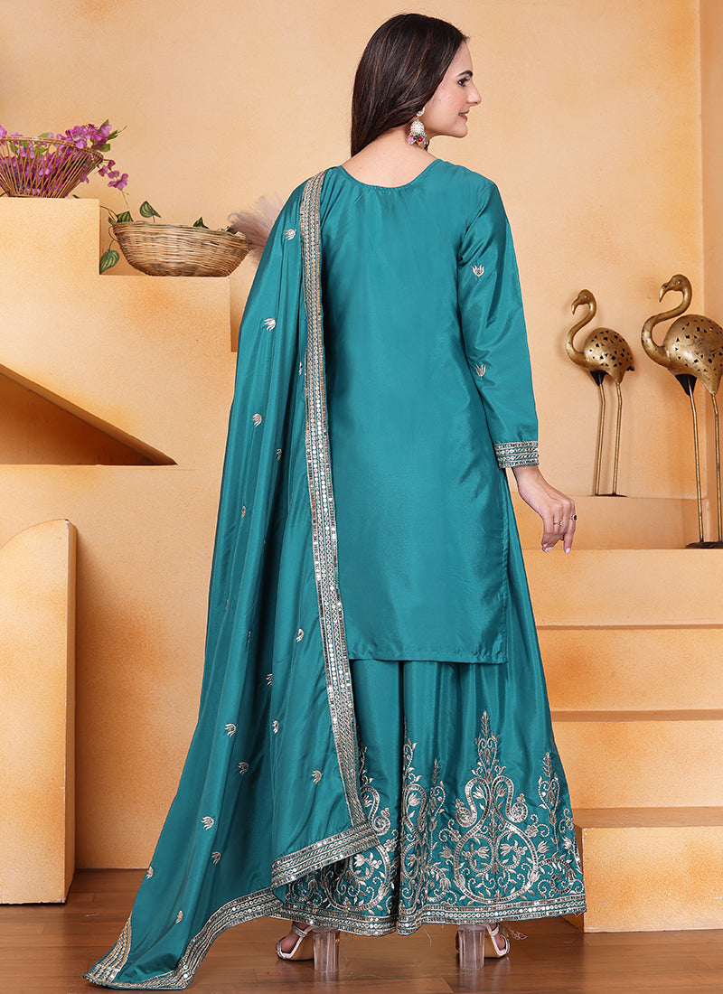 Crepe Teal Green Wedding Wear Embroidery Work Readymade Plazzo Suit 387670