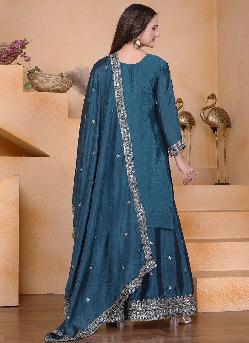 Chinon Teal Blue Wedding Wear Embroidery Work Readymade Plazzo Suit 387668