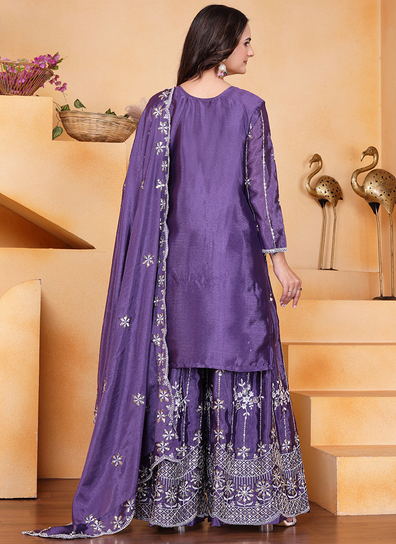Chinon Purple Wedding Wear Embroidery Work Readymade Plazzo Suit 387669