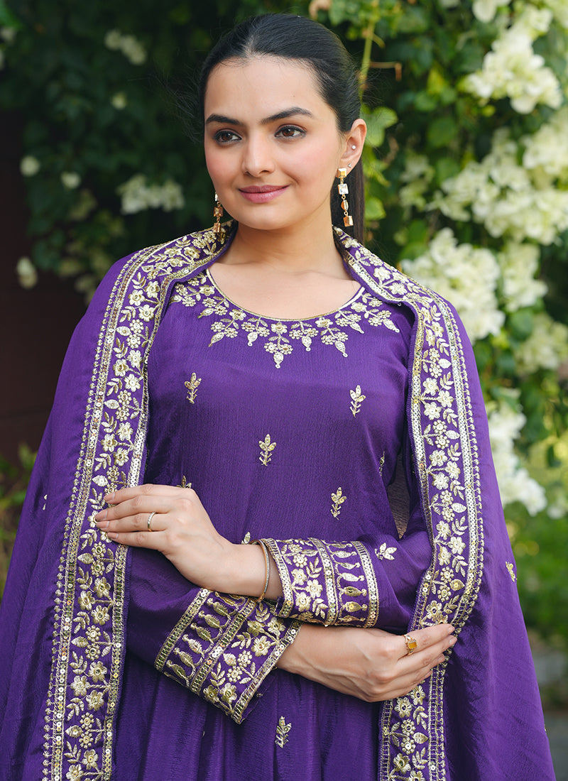 Chinon Violet Festival Wear Sequin Embroidery Work Readymade Anarkali Suit 386385