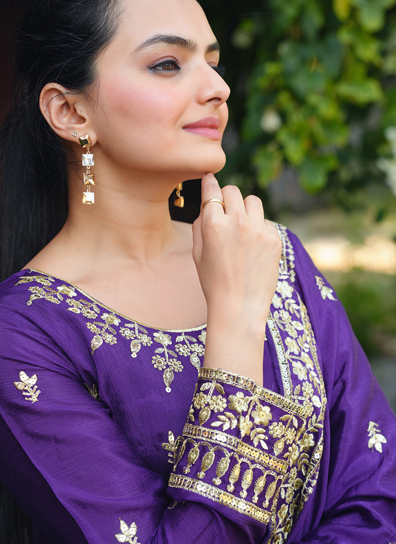 Chinon Violet Festival Wear Sequin Embroidery Work Readymade Anarkali Suit 386385