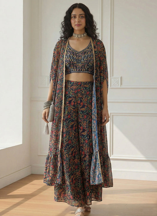 Multi Color Georgette  Printed Work Festival Wear Readymade Plazzo Suit SW114881