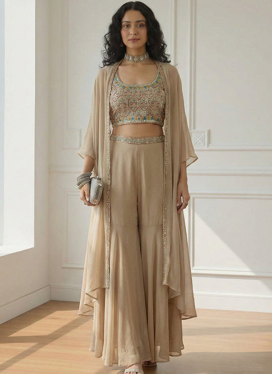 Cream Georgette  Sequin Work Festival Wear Readymade Plazzo Suit SW382932