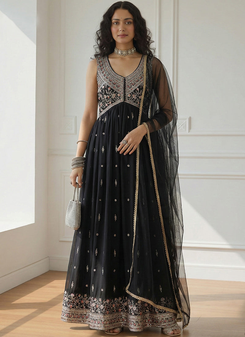 Black Georgette  Embroidery Work Festival Wear Readymade Anarkali Suit SW601763
