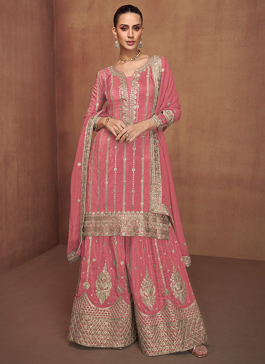 Shimmer Silk Pink Wedding Wear Sequins Work Readymade Plazzo Suit 385693