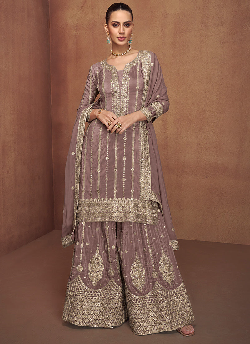 Shimmer Silk Brown Wedding Wear Sequins Work Readymade Plazzo Suit 385694