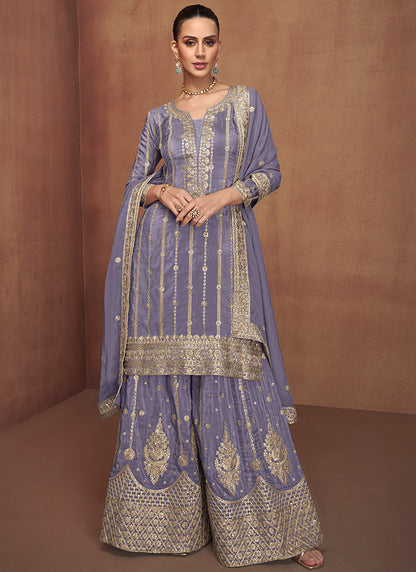 Shimmer Silk Lavender Wedding Wear Sequins Work Readymade Plazzo Suit 385695