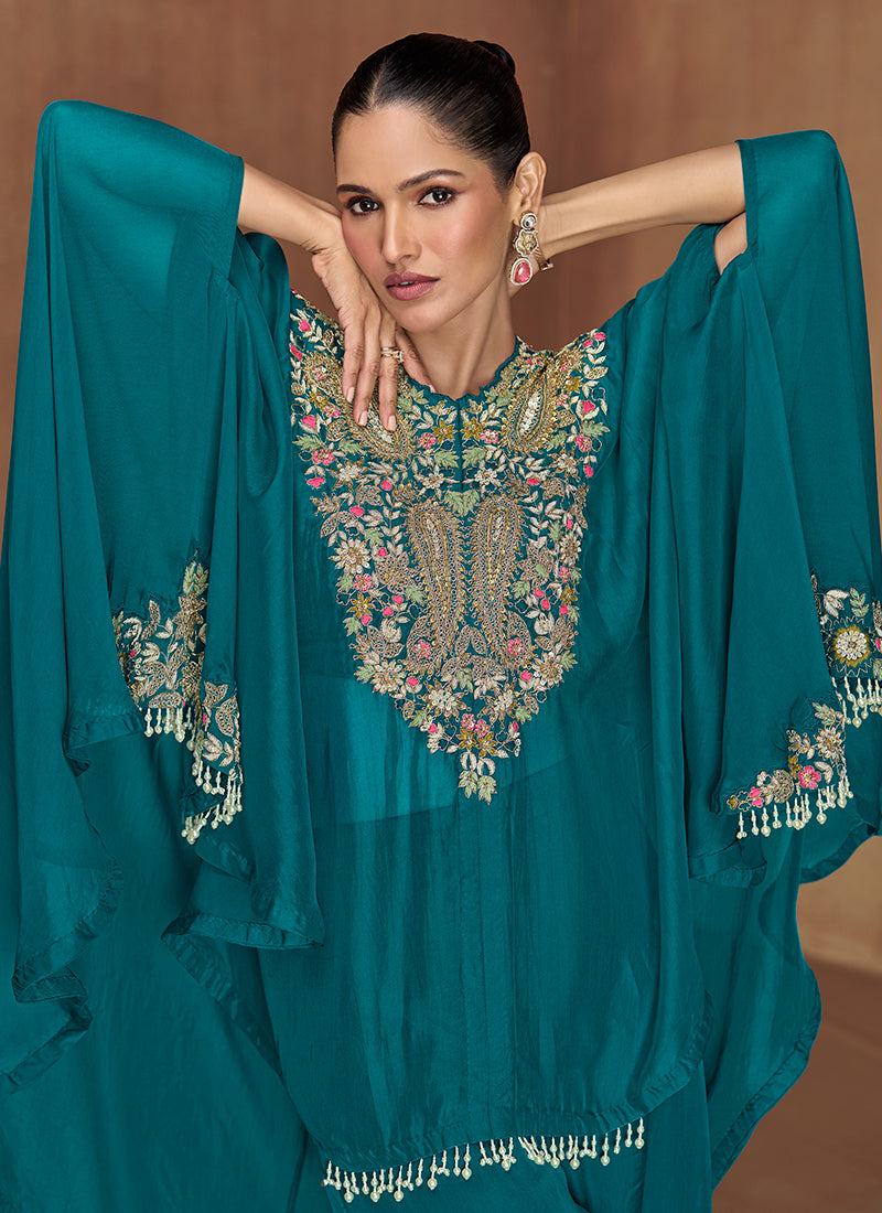 Silk Teal Green Wedding Wear Embroidery Work Readymade Ethnic Wear 385700
