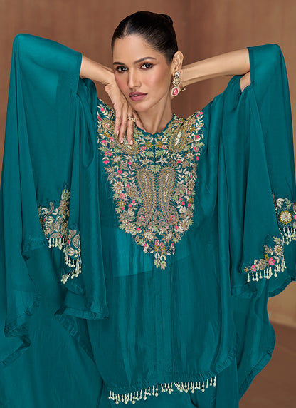Silk Teal Green Wedding Wear Embroidery Work Readymade Ethnic Wear 385700