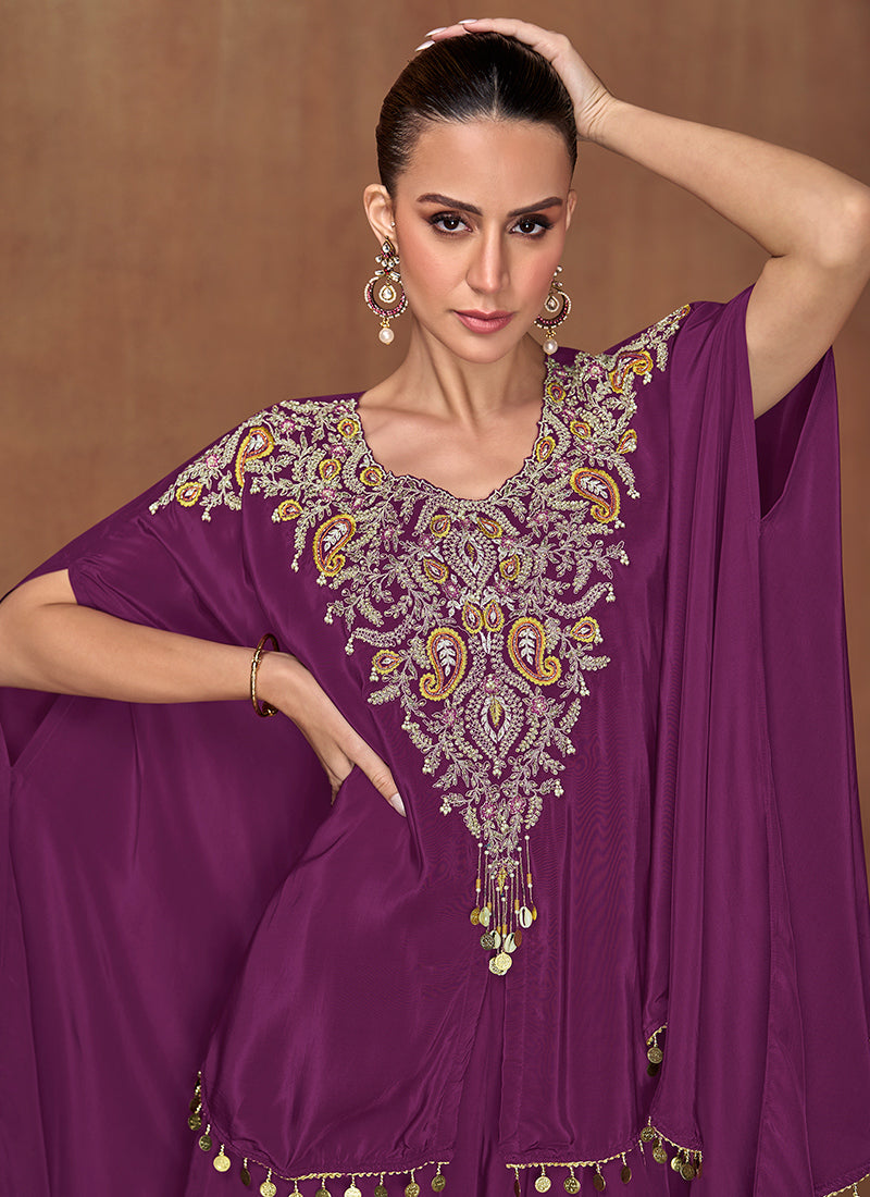 Silk Wine Wedding Wear Embroidery Work Readymade Ethnic Wear 385701