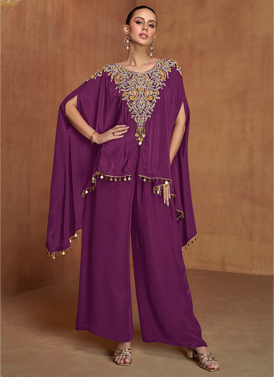 Silk Wine Wedding Wear Embroidery Work Readymade Ethnic Wear 385701