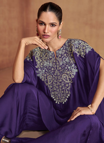 Silk Purple Wedding Wear Embroidery Work Readymade Ethnic Wear 385702