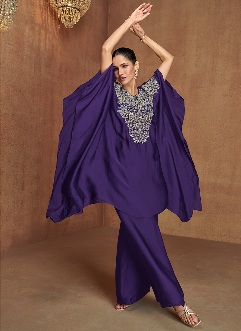Silk Purple Wedding Wear Embroidery Work Readymade Ethnic Wear 385702