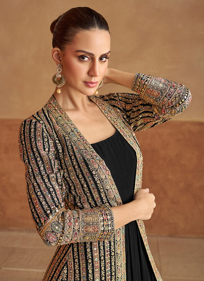 Georgette Black Wedding Wear Hand Work Readymade Ethnic Wear 385727