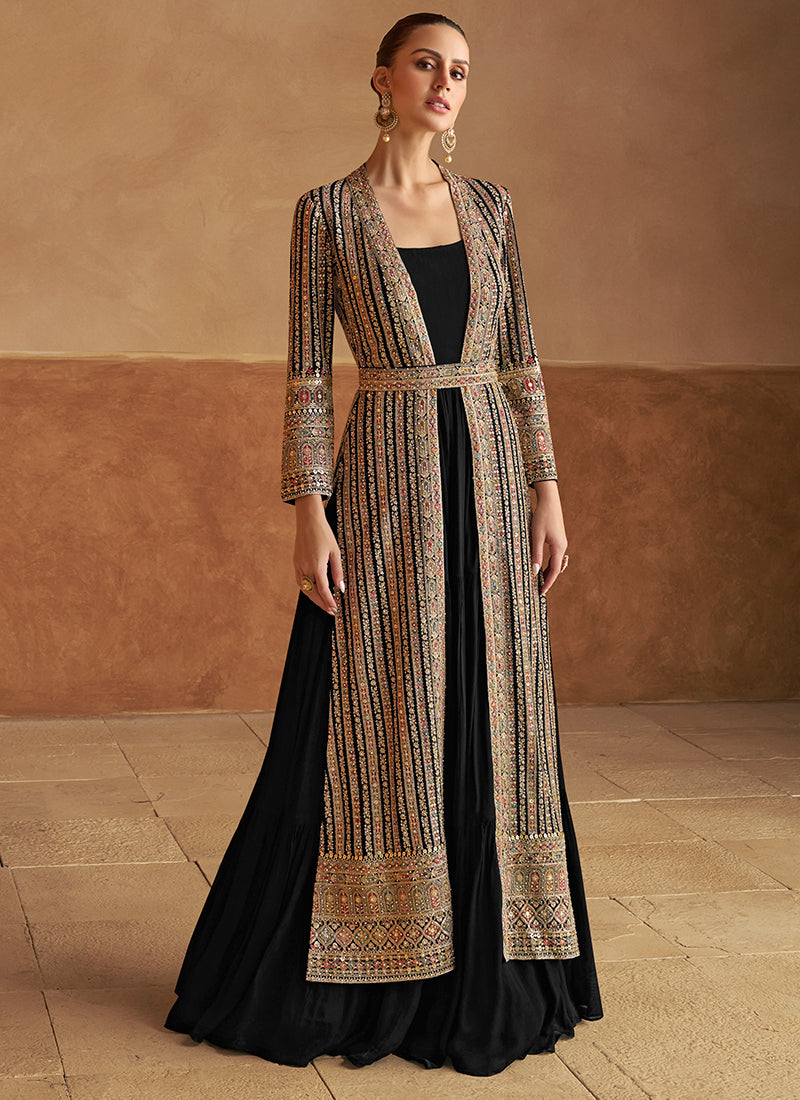 Georgette Black Wedding Wear Hand Work Readymade Ethnic Wear 385727