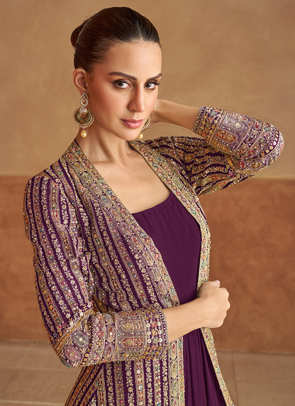 Georgette Purple Wedding Wear Hand Work Readymade Ethnic Wear 385728